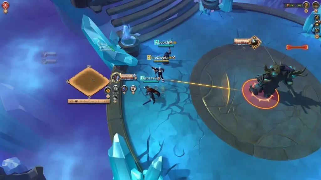 Albion Online gameplay showing players in combat against a large horned boss monster in a frozen environment