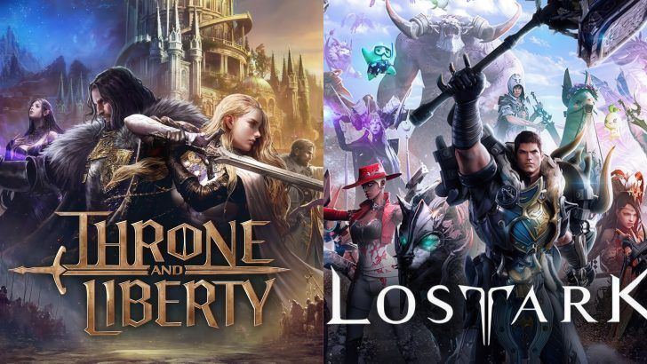 The image features promotional artwork for the games 'Throne and Liberty' and 'Lost Ark,' showing characters in fantasy-themed armor with a detailed architectural backdrop, both published by Amazon Game Studios until now.