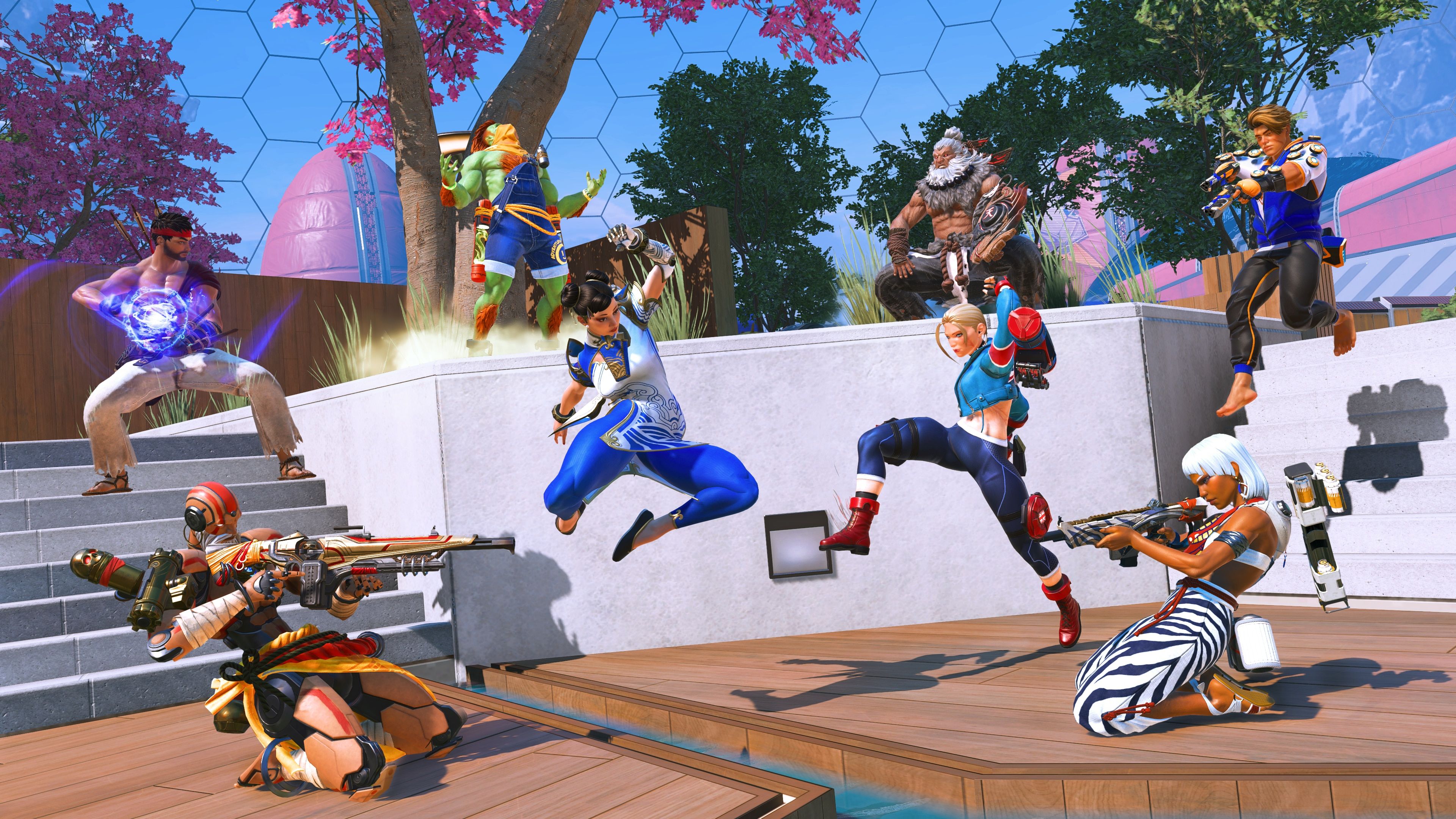 In-game screenshot of all the legends with Street Fighter 6 character skins. They're all posing together in a location on the Olympus map.