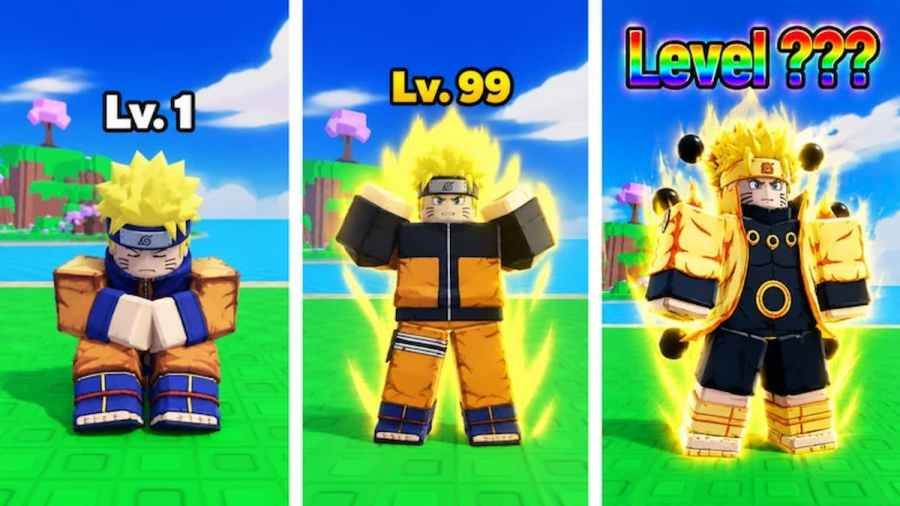 Beat the Anime Boss featured image showing three Naruto-inspired Roblox characters progressing from level 1 to level 99 and a powerful glowing final form.