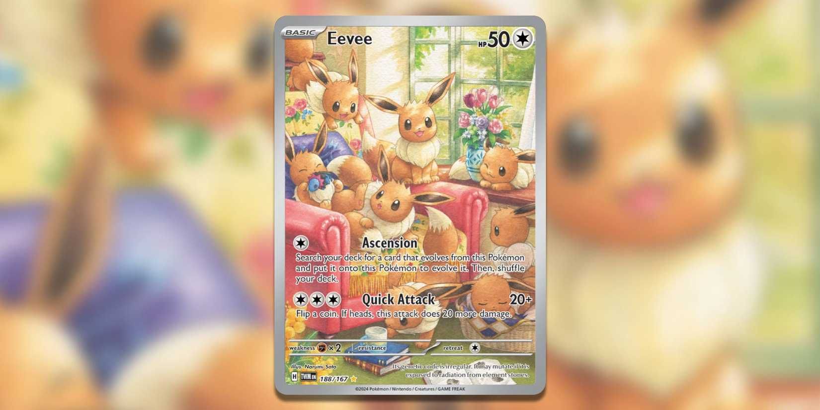 The Illustration Rare Eevee from Twilight Masquerade in the Pokemon TCG.