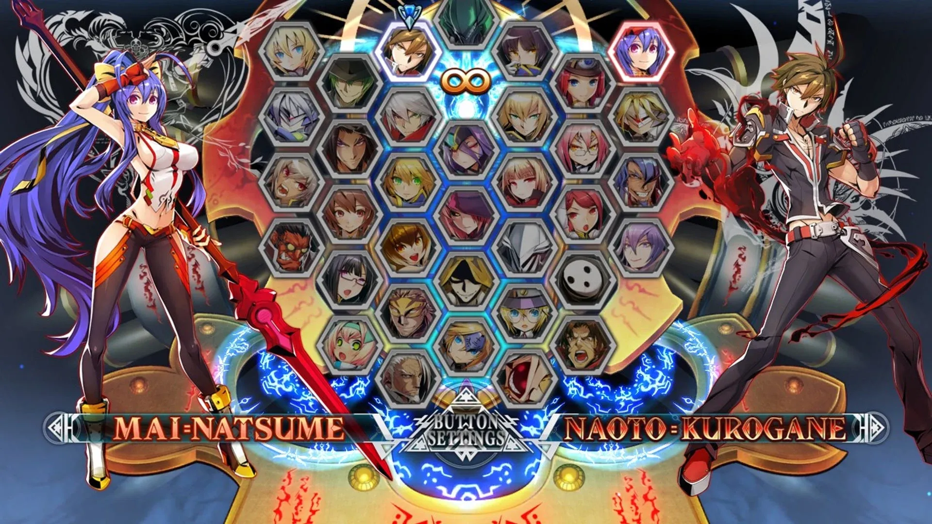 Character selection screen from BlazBlue: CentralFiction featuring Mai-Natsume and Naoto-Kurogane.