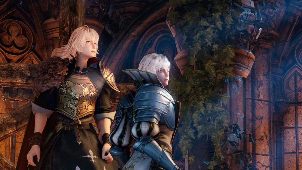 Official screenshot of Leo and Alex standing together in a richly detailed gothic structure