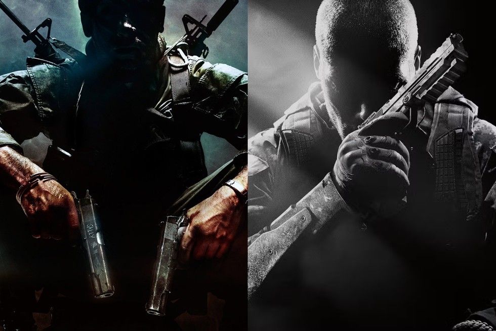 Key art for Call of Duty: Black Ops showing a man holding two pistols next to key art from Call of Duty: Black Ops 2 showing a man holding a pistol in front of his face.