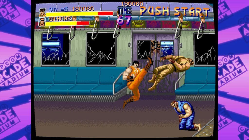 Final Fight gameplay screenshot showing an action sequence inside a damaged subway carriage