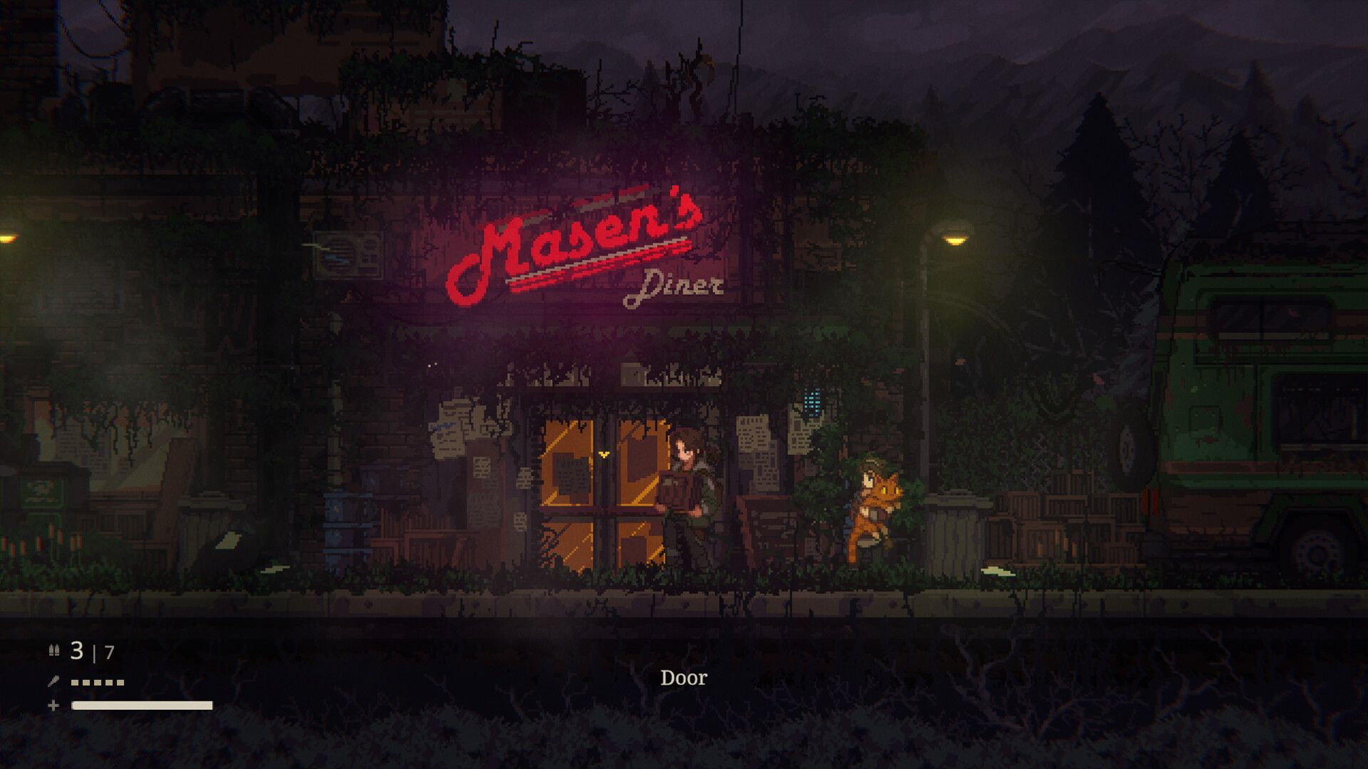Upcoming horror game The Road of Dust and Sorrow screenshot showing a woman standing outside a diner in the dead of night