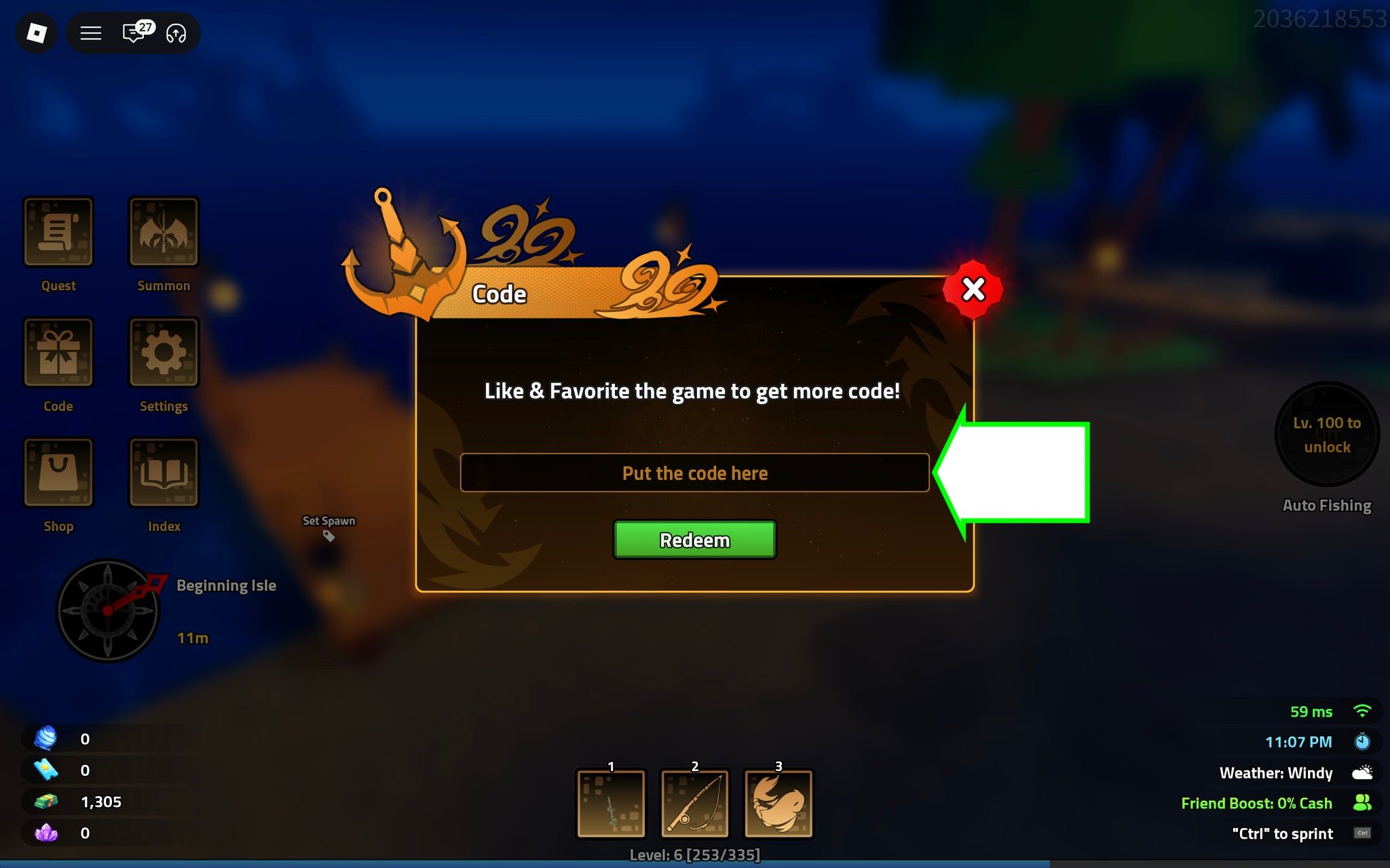 A screenshot of Heavyweight Fishing in Roblox showing the game's codes field.