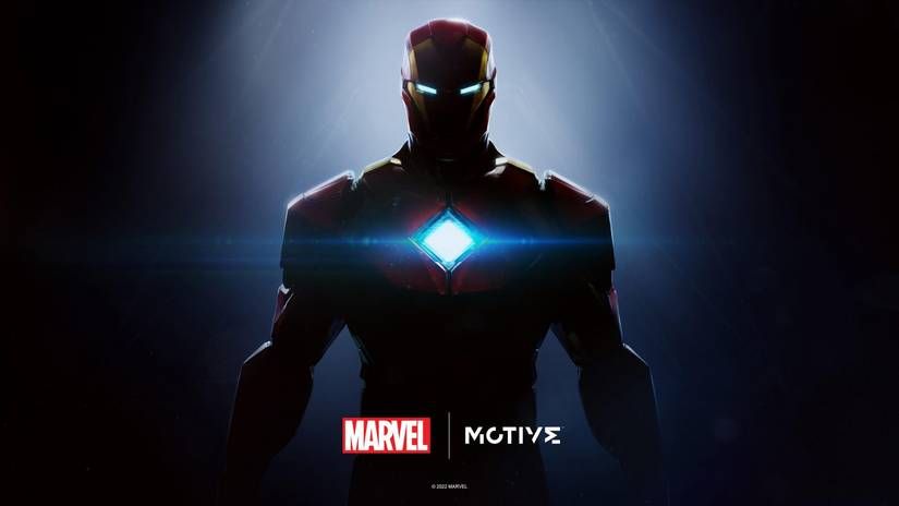 key art for the Iron Man video game being developed by EA and Motive Studio. Iron Man is backlit, with his unibeam chest light on.