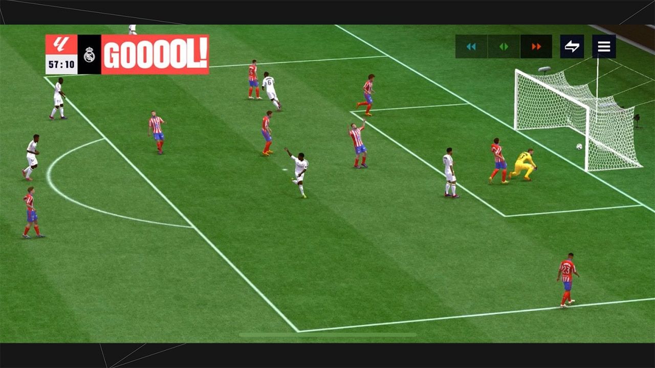 FC Mobile game screenshot depicting a goal celebration with players and a "GOOOOL" graphic.