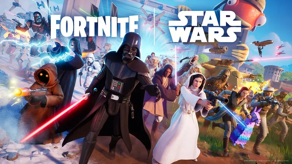 Fortnite x Star Wars key art from Epic Games with Darth Vader and Leia leading opposing armies