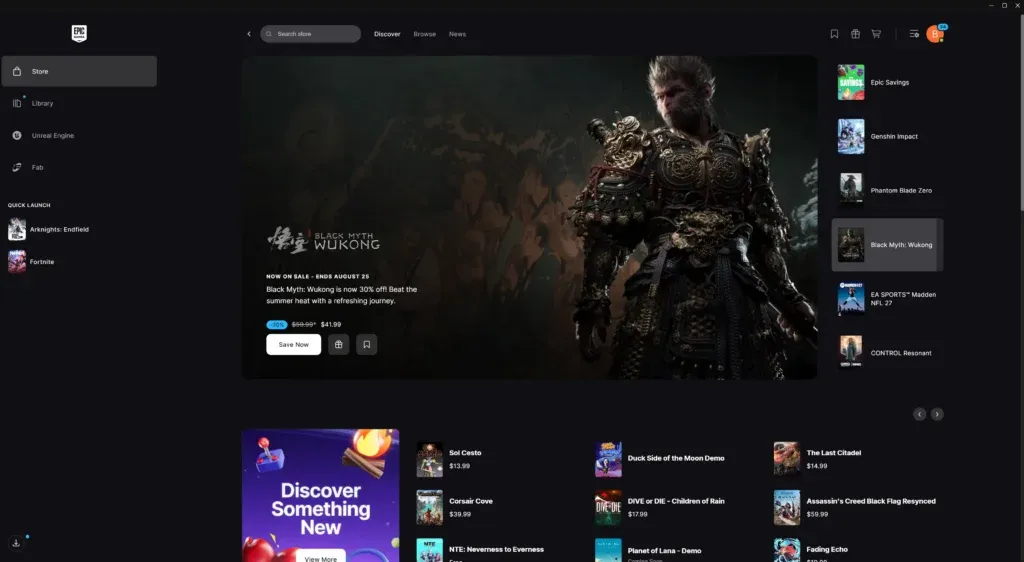 Screenshot of the Epic Games Store desktop launcher showing its game library
