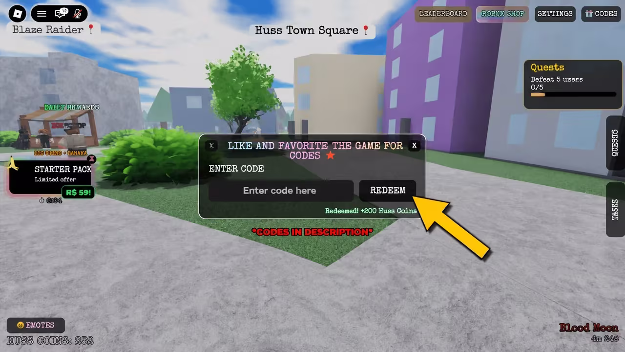 Instructions on redeeming Roblox Escape Huss Valley with coloured directional arrows
