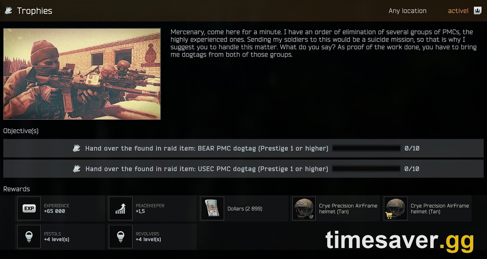 Escape from Tarkov rewards and trophies screen — EXFIL Brothers pays the Operator per Candidate milestone