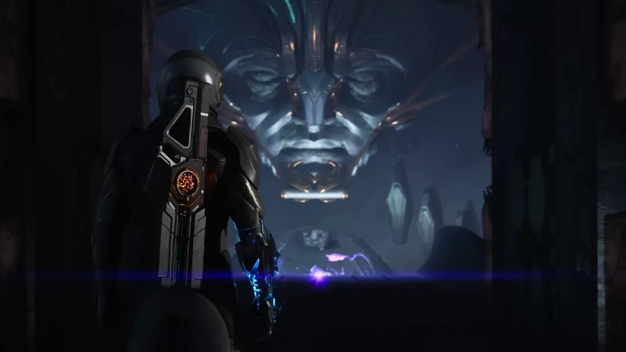 Exodus screenshot of the main character confronting a huge, ancient statue