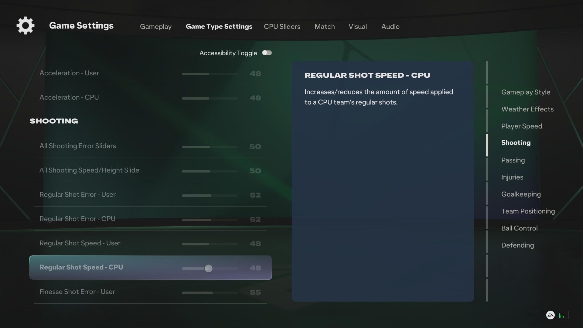 EA SPORTS FC Game Settings screen displaying CPU gameplay sliders for shooting, with adjustable shot speed and error values plus descriptions for customizing match behavior.