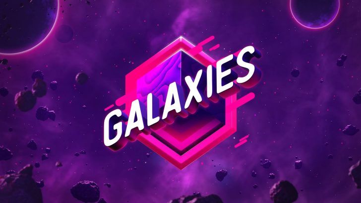 A digital artwork with the word 'GALAXIES' in bold white letters against a purple space backdrop filled with asteroids and abstract shapes.