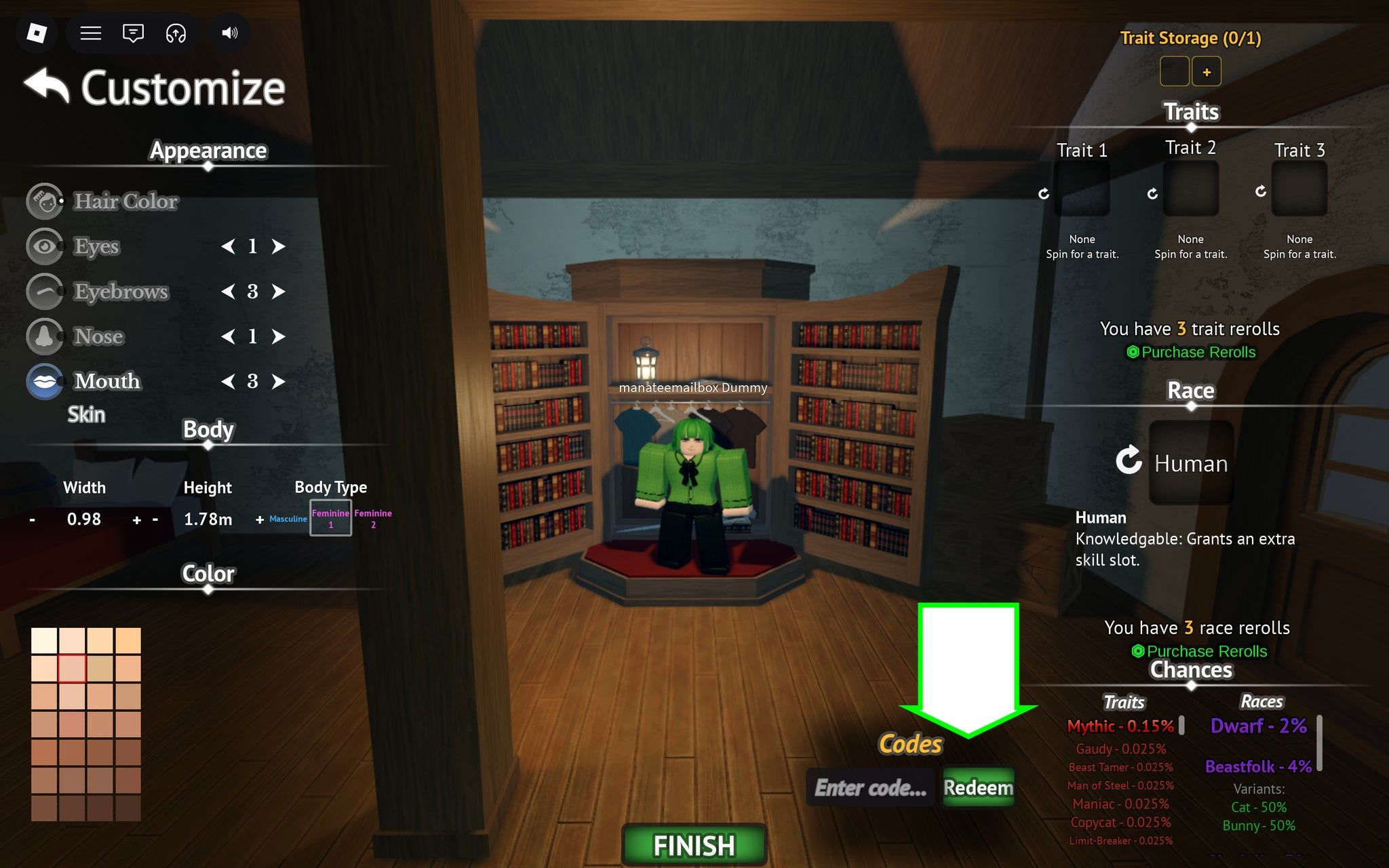 A screenshot of Grand Blue in Roblox showing the game's codes field.