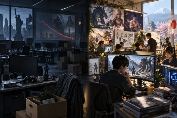 A split scene contrasts an empty, troubled office with a bustling Japanese game development studio.