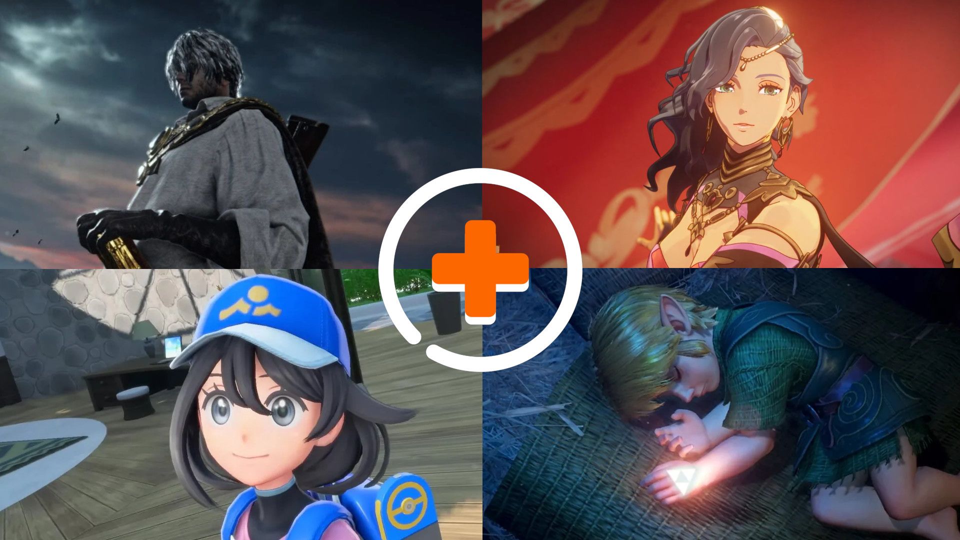 Upcoming Switch 2 games: Four screenshots featuring The Duskbloods, Fire Emblem: Fortune's Weave, Pokemon Winds and Waves, and The Legend of Zelda: Ocarina of Time remake.