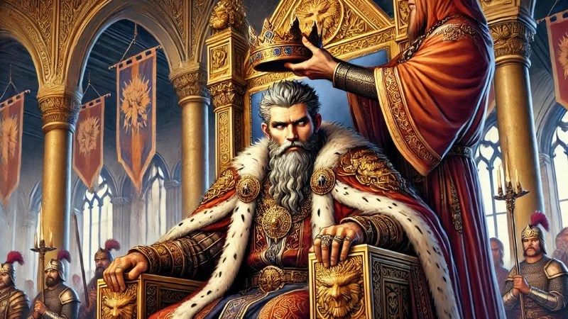 Dungeons & Dragons artwork featuring a king sitting on his throne being crowned by a robed wizard.