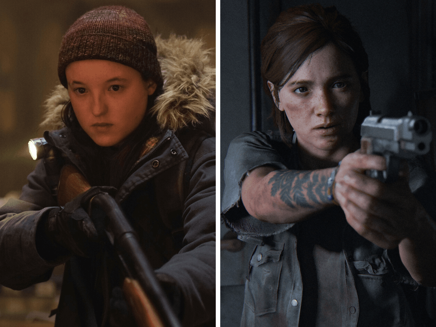 bella ramsey as ellie in the last of us season 2 next to an image of the character ellie in the last of us part 2 on playstation 5