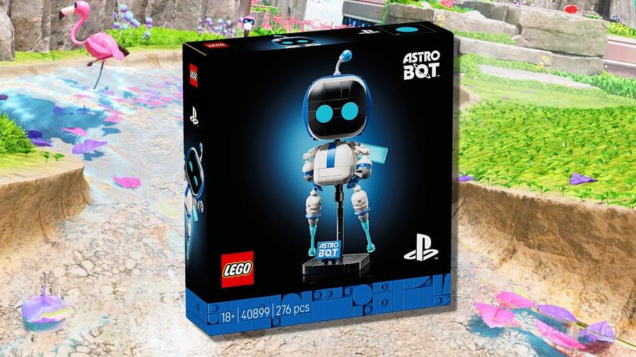 Astro Bot LEGO Set Box Art Overlaid on Game Screenshot
