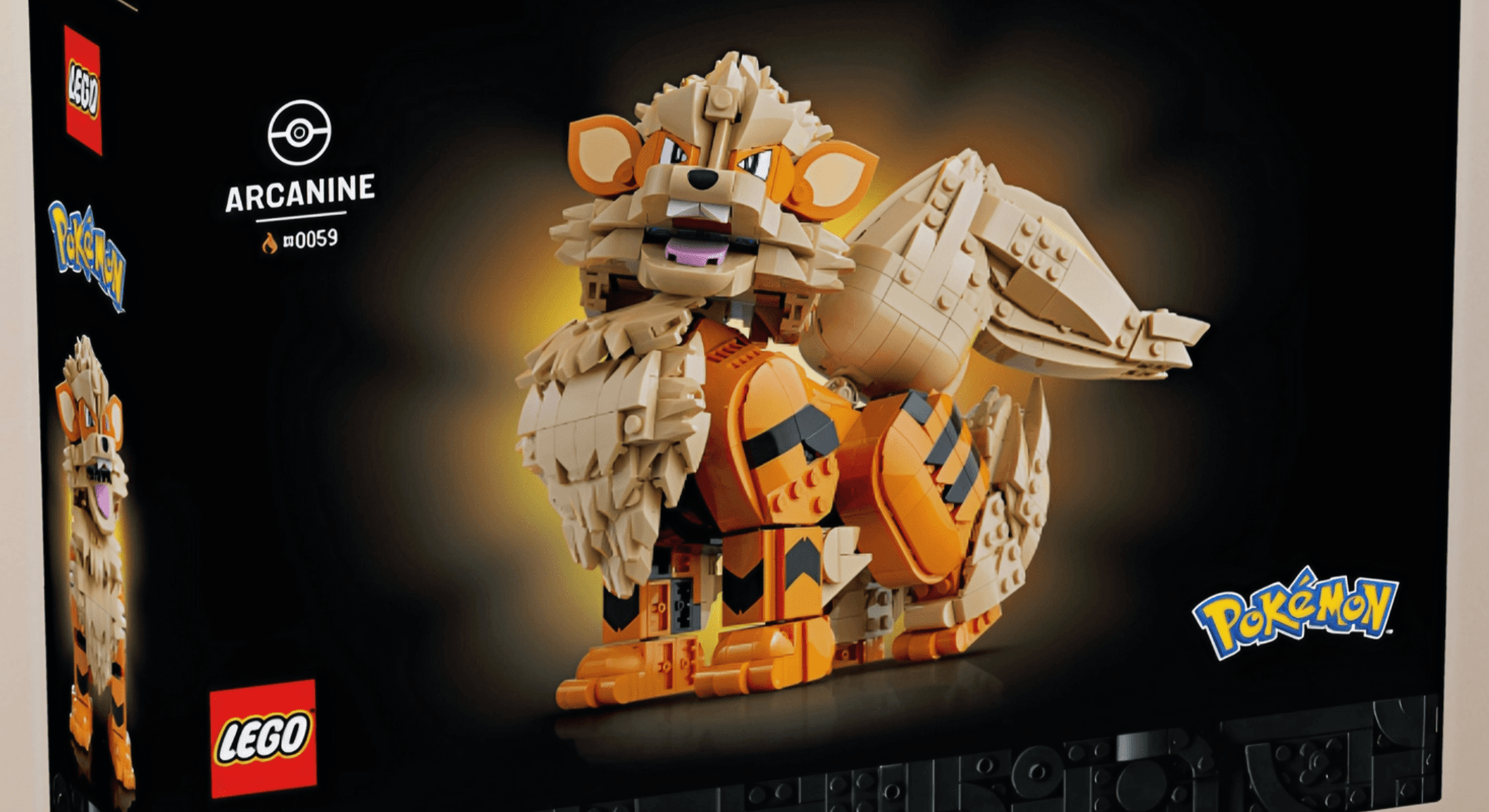 Leaked LEGO Pokemon 72160 Arcanine product box showing the 1,190-piece display build