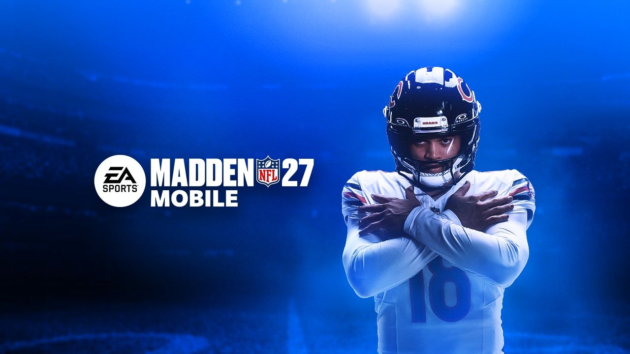 Official key art for EA SPORTS Madden NFL 27 Mobile. A football player stands in a powerful, confident pose with his arms crossed against a dramatic, electric-blue stadium background, ready for action.