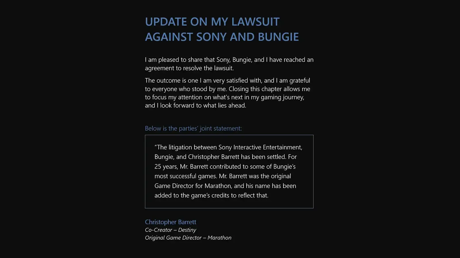 Chris Barrett’s $200 Million Lawsuit Against Sony And Bungie Ends With Settlement And Marathon Credits Update