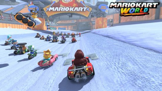 Mario Kart World screenshot showing Pauline in a racing car at the starting line of a DK Pass race.