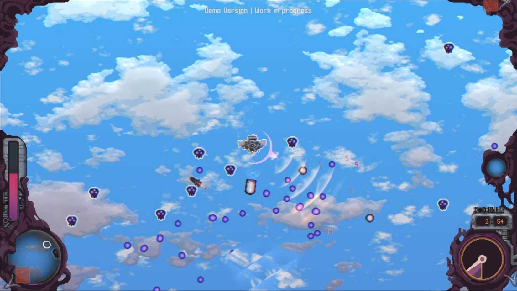 A spaceship in the sky in Cloudbreaker, with numerous projectiles and enemies on-screen.