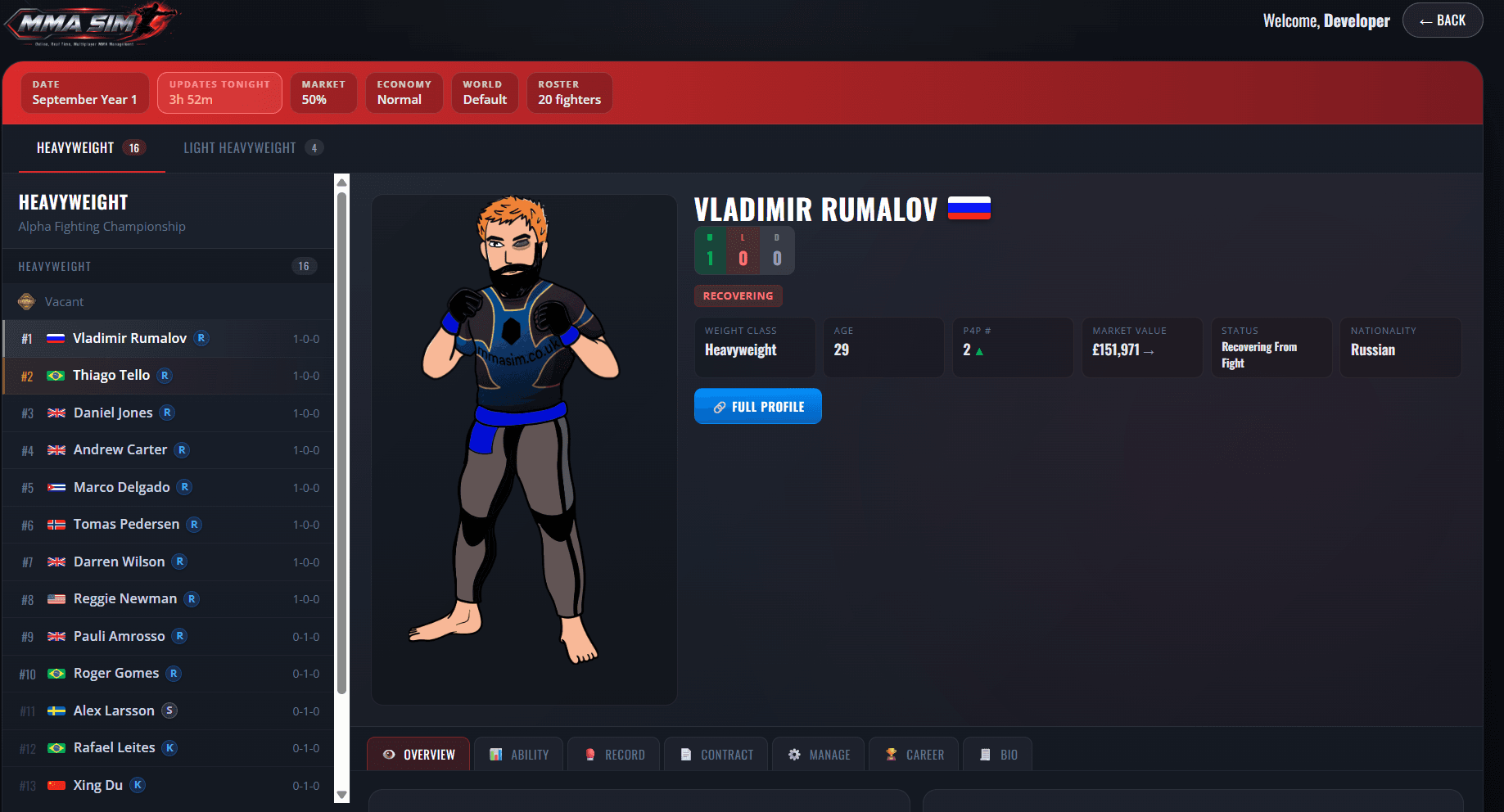 MMA Manager game screenshot showing roster and fighter management in MMA Sim