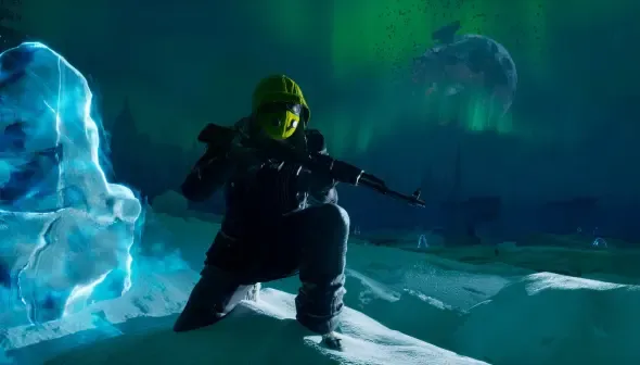 A soldier in a yellow helmet and gas mask crouches in a snowy landscape, holding a rifle. Aurora Borealis lights up the dark sky.