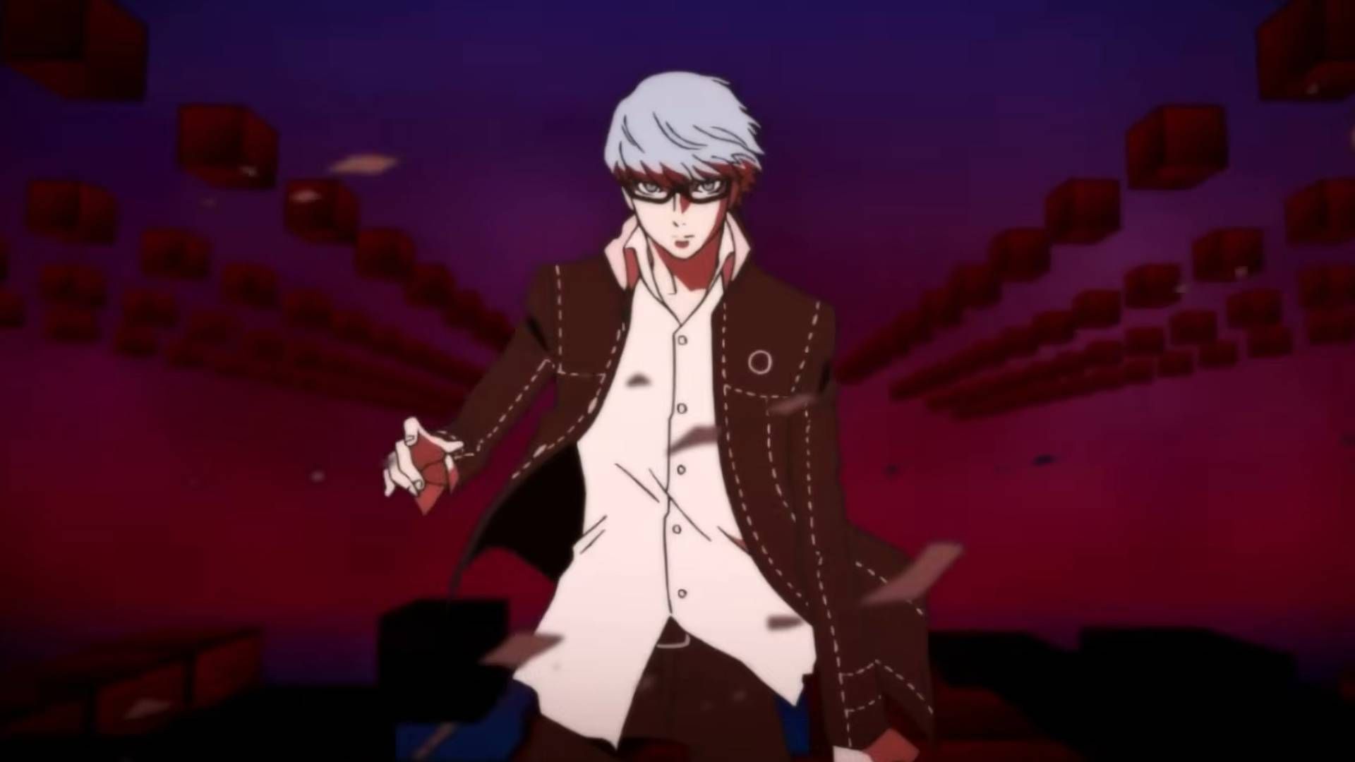 Persona 4 Golden opening movie screenshot shows protagonist Yu standing with his hand raised.