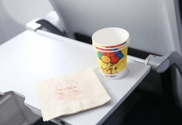 Pokémon-themed headrest covers and cabin items.