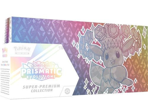 Sealed Pokemon TCG SV8.5 Prismatic Evolutions Super Premium Collection box with rainbow Pikachu and Evoquill artwork.
