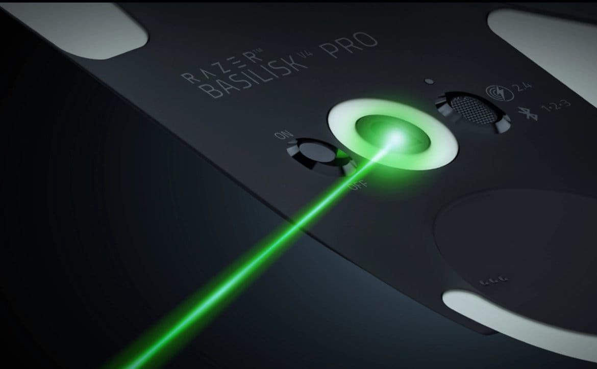 Razer Basilisk V4 Pro ergonomic gaming mouse with Chroma RGB underglow on a desk mat