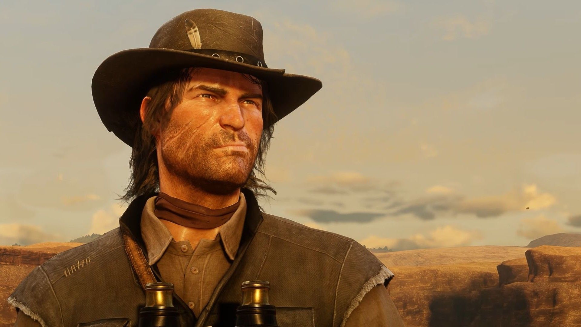 A screenshot from a Red Dead Redemption 2 mod that shows John Marston looking out over Nuevo Paraíso