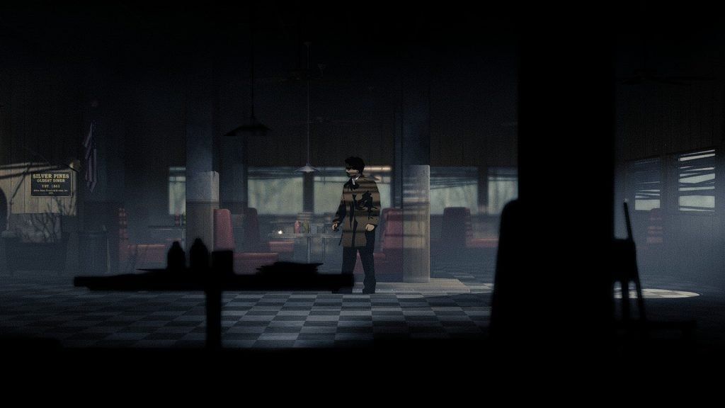 A screenshot from Wych Elm's game, Silver Pines. A man in a brown trench coat and wearing glasses stands alone in an abandoned diner.