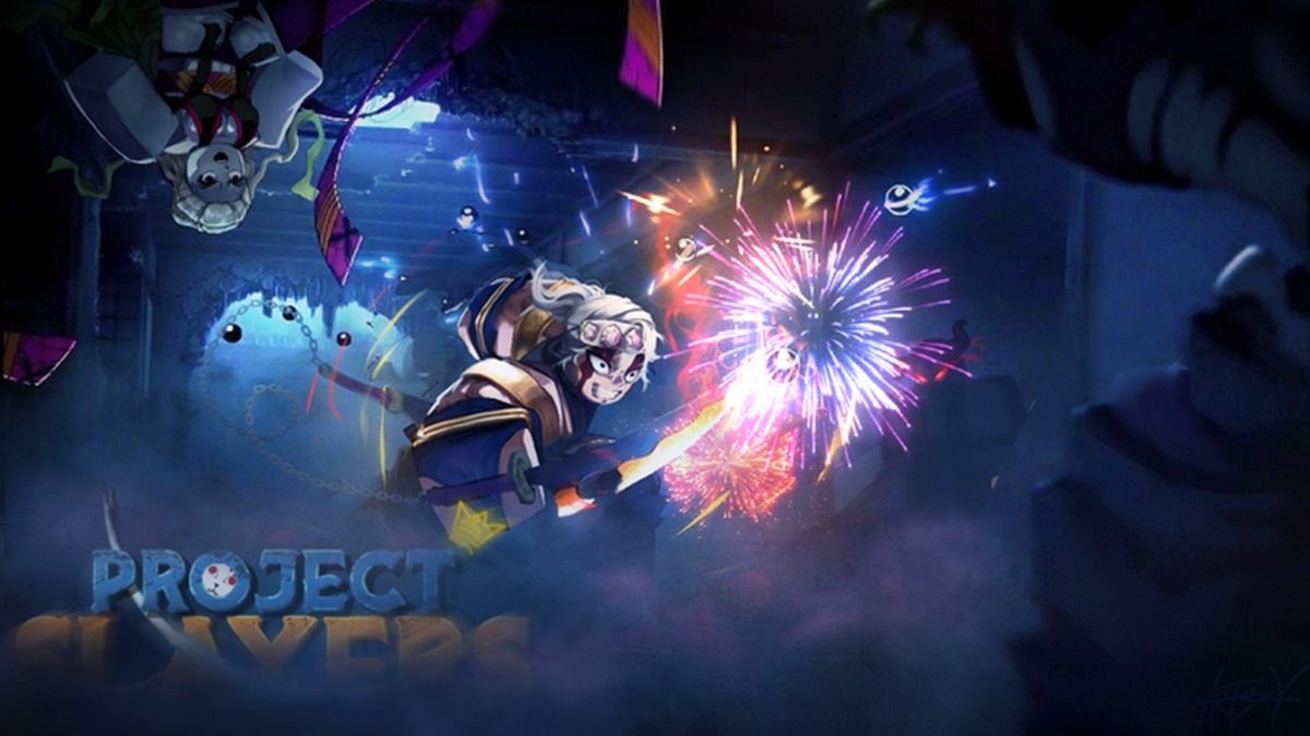 Official Project Slayers Roblox artwork showing a sword fighter in a dark forest