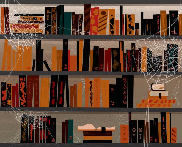 Halloween themed book library with cobwebs Vector illustration of a Hallowe'en themed bookshelf with black cobwebs. Download includes Illustrator 10 eps with transparencies, high resolution jpg and png file. horror library stock illustrations