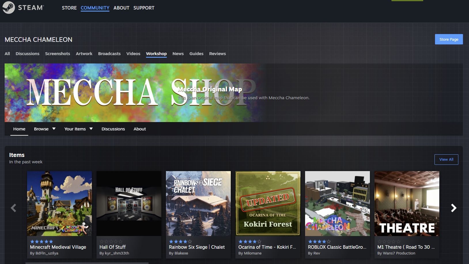 Screenshot of a Steam community page for "Mecca Chameleon," featuring a colorful header, navigation sections, and a grid of game map items with thumbnails and creator usernames.