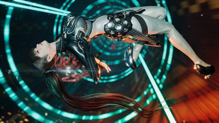 A futuristic character in a sleek, dark suit floats in a high-tech environment with glowing circular patterns and a mechanical device on their side.