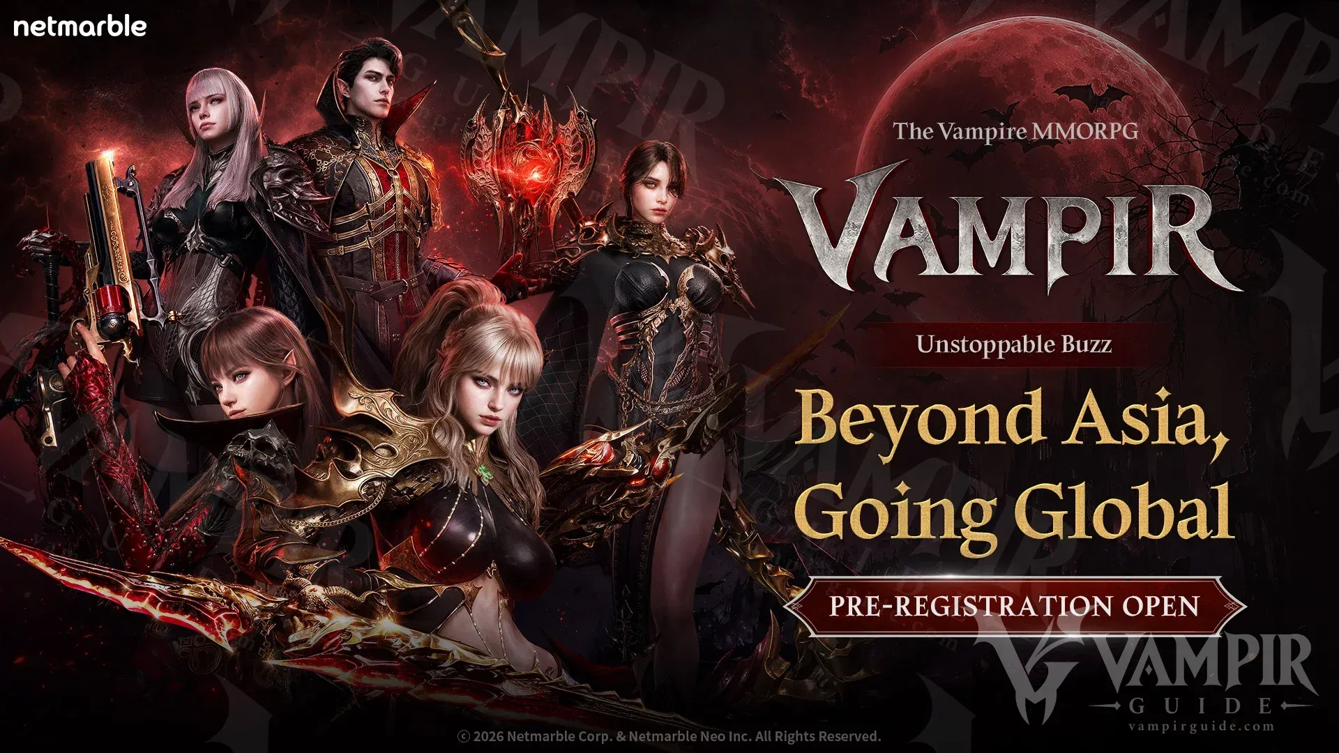 Official VAMPIR global pre-registration artwork with the five classes under a red moon