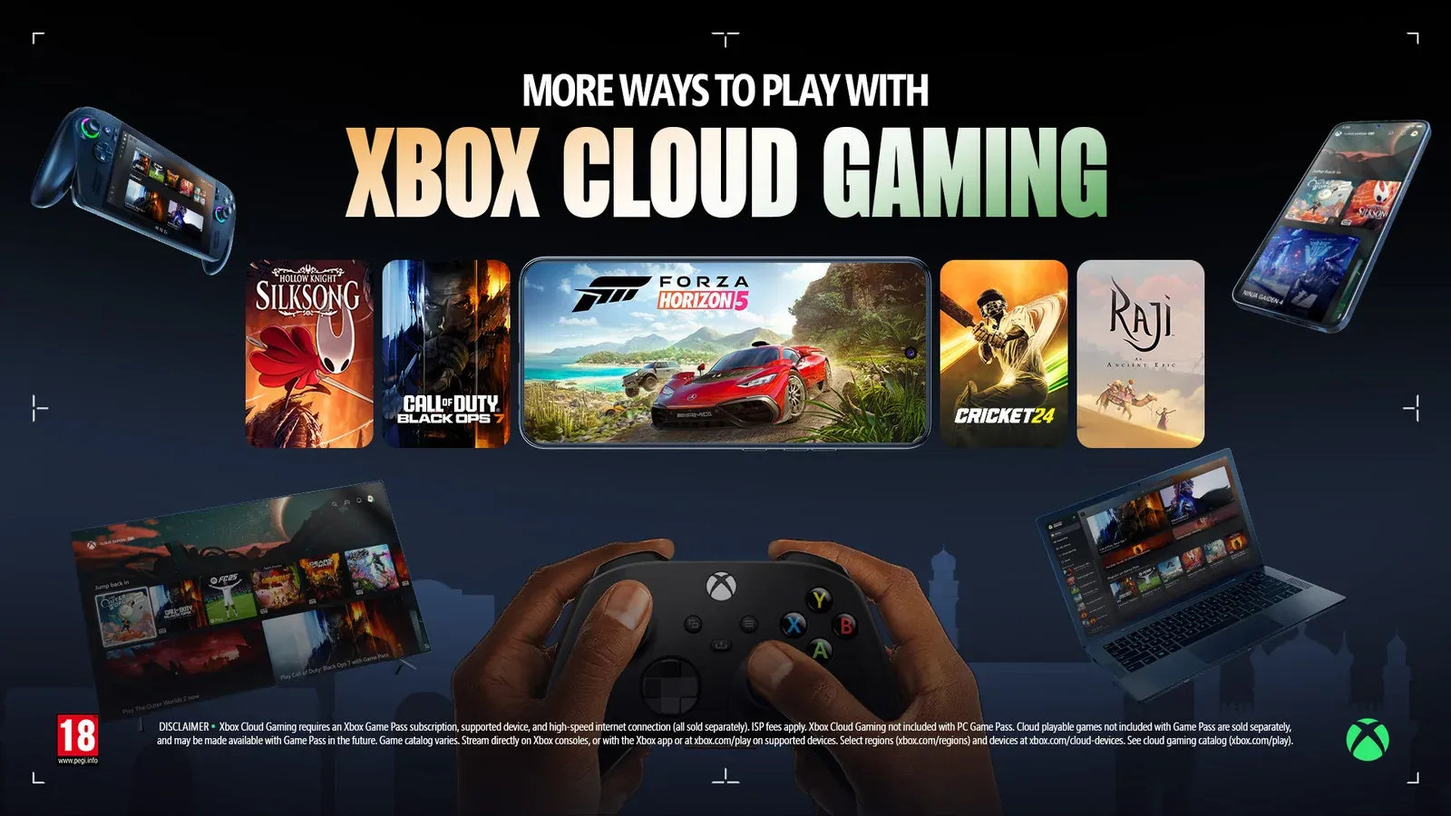 Official Xbox Cloud Gaming banner featuring an Xbox controller, Forza Horizon 5, Call of Duty, Hollow Knight: Silksong