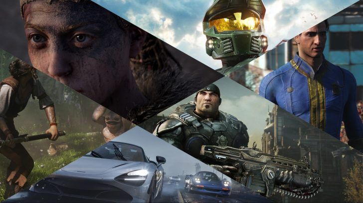 A collage of video game characters from 'Hellblade: Senua's Sacrifice,' 'Halo,' 'Fallout,' 'Gears of War,' and a car from a racing video game, depicting diverse gaming worlds.