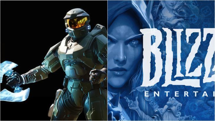 Master Chief from Halo next to a graphic featuring 'BLIZZARD ENTERTAINMENT' with fantasy characters in the background.
