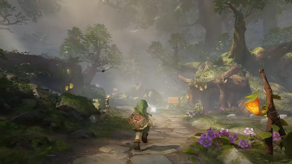 Young Link running through the rebuilt Kokiri Forest in The Legend of Zelda: Ocarina of Time Remake