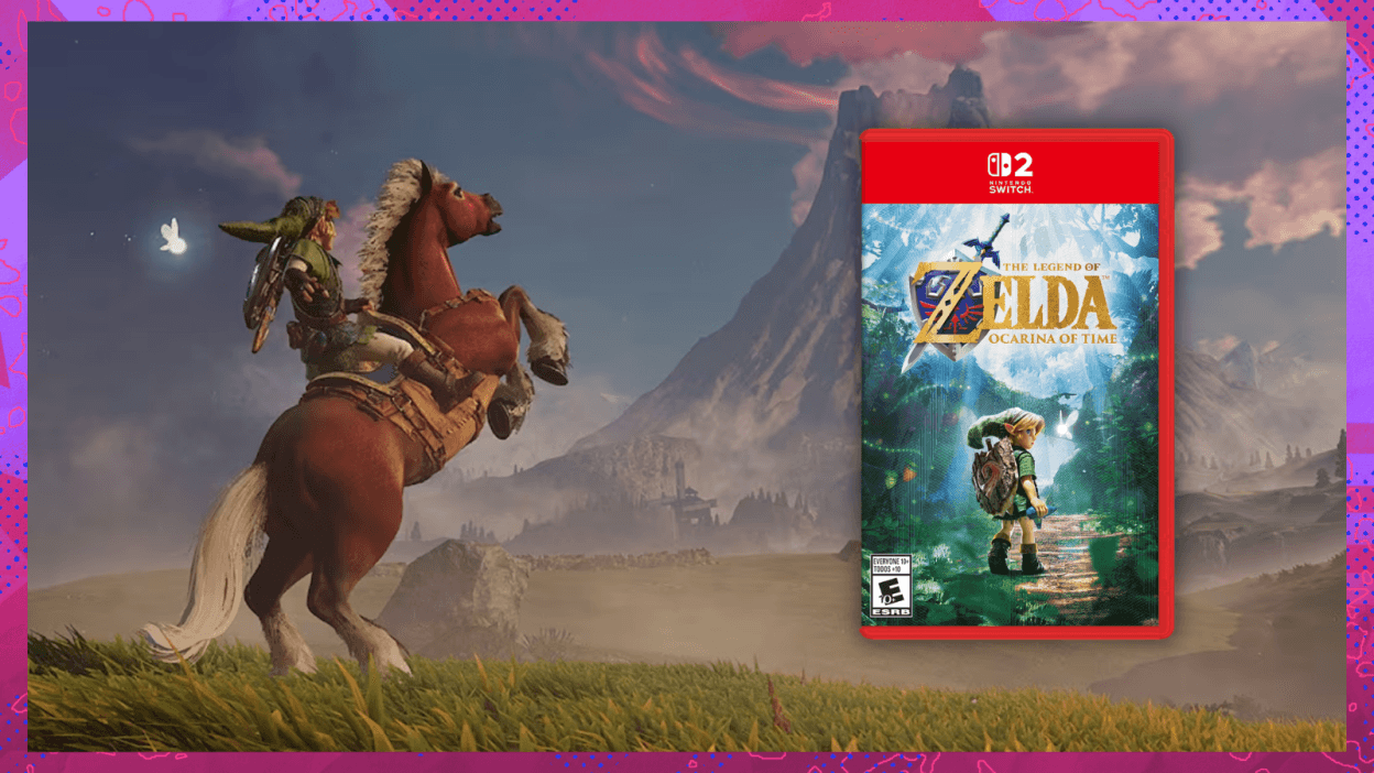 a screenshot and packaging art for the legend of zelda ocarina of time remake